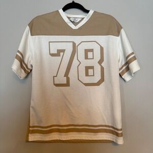 H&M Boys Jersey Academy 78 White Tan Short Sleeve V Neck T Shirt Size 12-14 Y